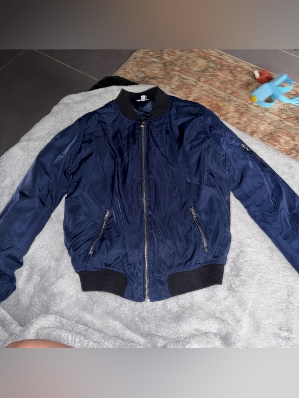 Kendall & Kylie Navy Bomber Jacket with Black Rib Trim